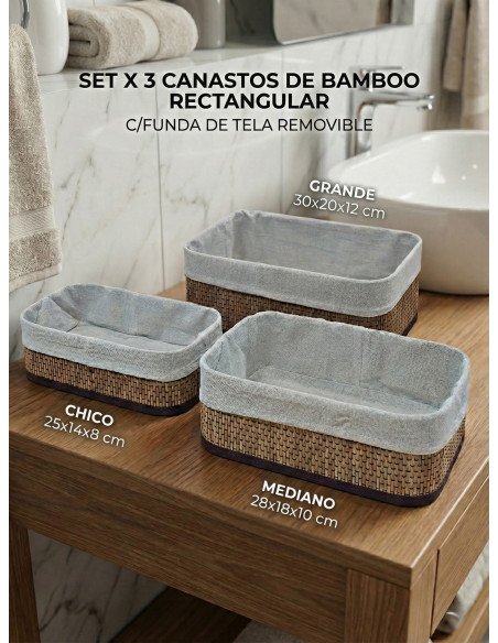 Set x 3 Canastos de Bamboo Rectangular - Juli Design Home