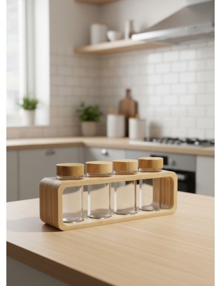 Set Especiero Vidrio x4 Base Bambu - Juli Design Home