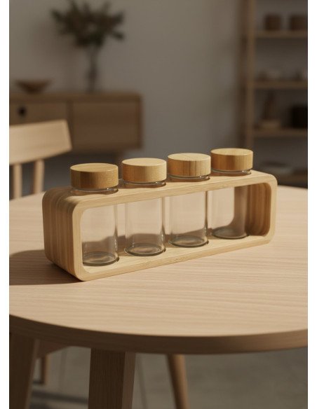 Set Especiero Vidrio x4 Base Bambu - Juli Design Home